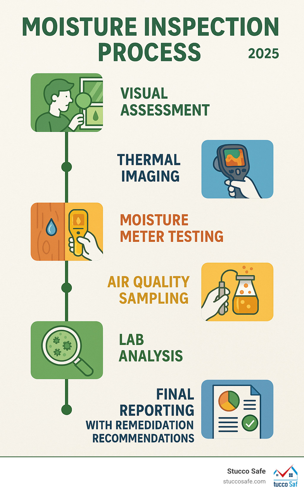 Comprehensive infographic showing moisture inspection process timeline from initial visual assessment through thermal imaging, moisture meter testing, air quality sampling, lab analysis, and final reporting with remediation recommendations - moisture inspection services infographic 