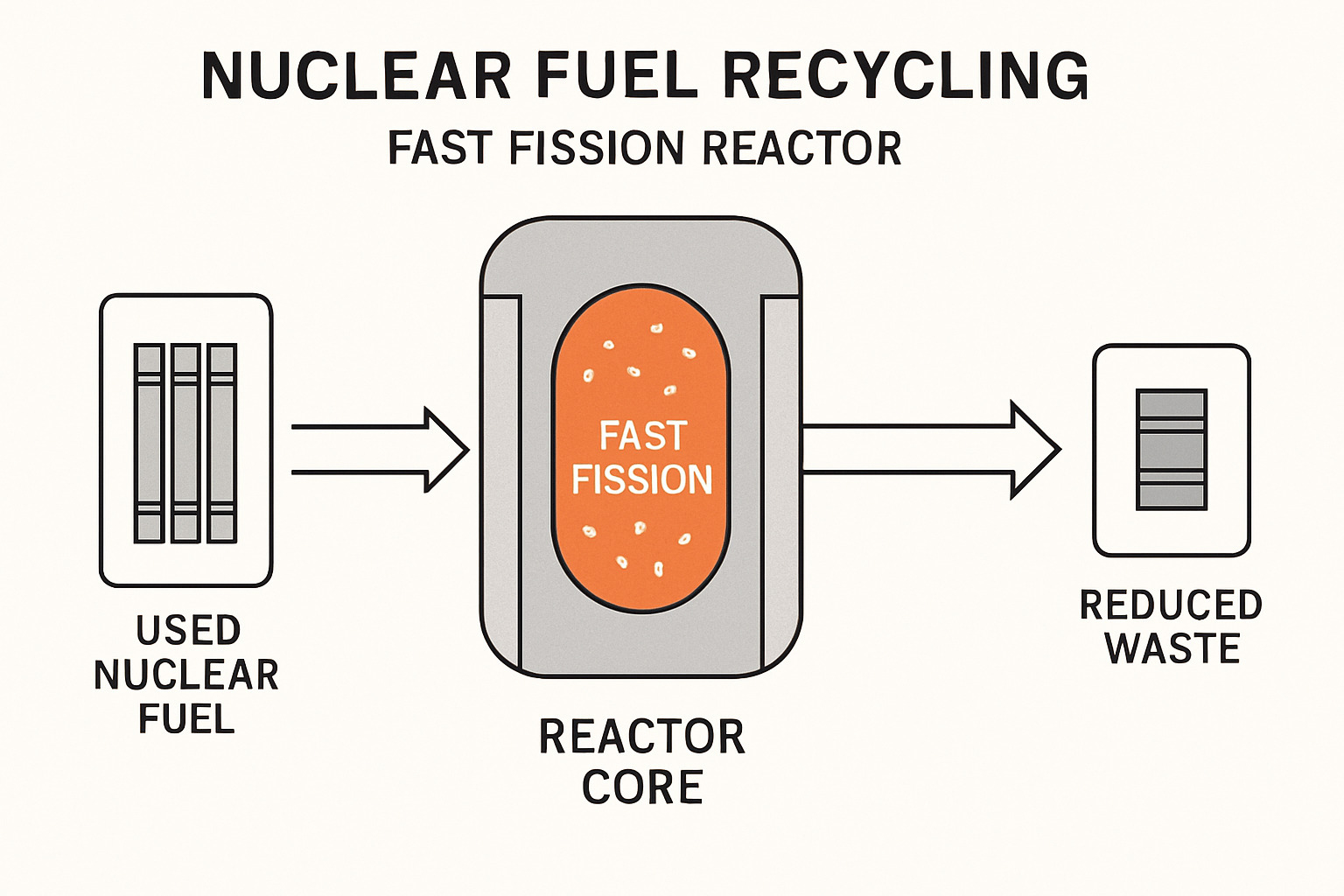 Advanced diagram showing nuclear fuel recycling process flow from used fuel input through fast fission reactor to power output and reduced waste - oklo stock