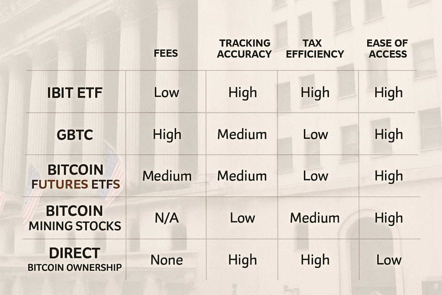 Comparison table showing IBIT versus other Bitcoin investment options including fees, tracking accuracy, tax efficiency, and ease of access - ibit stock Comparison table showing IBIT versus other Bitcoin investment options including fees, tracking accuracy, tax efficiency, and ease of access - ibit stock