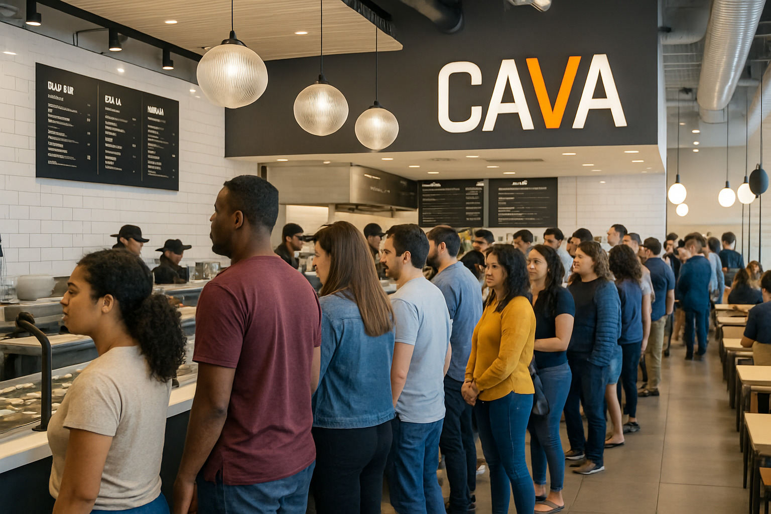 Busy CAVA restaurant line with customers - cava stock Busy CAVA restaurant line with customers - cava stock