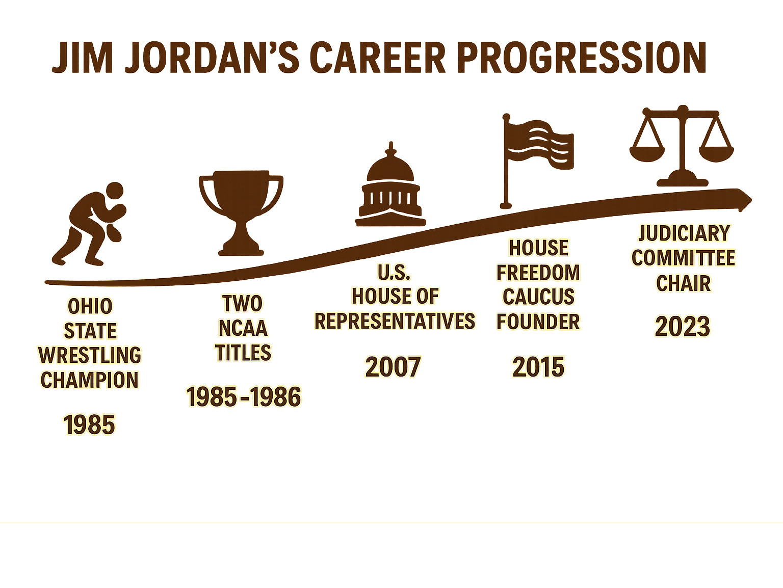 Detailed infographic showing Jim Jordan's career progression from Ohio State wrestling champion to NCAA titles to Ohio General Assembly to U.S. House of Representatives to House Freedom Caucus founder to Judiciary Committee Chair, with key dates and achievements at each stage -  jim jordan infographic 