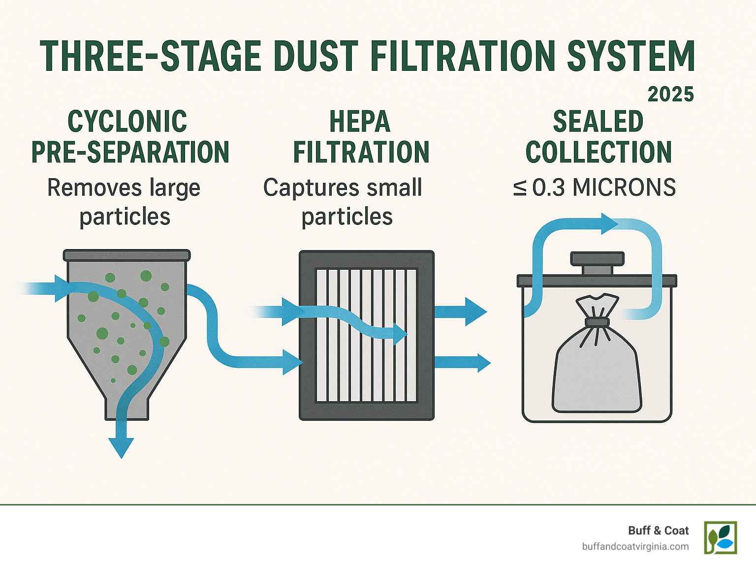 Three-stage dust filtration system showing cyclonic pre-separation, HEPA filtration, and sealed collection with airflow diagrams and particle size capture rates - dust free floor sanding near me infographic Three-stage dust filtration system showing cyclonic pre-separation, HEPA filtration, and sealed collection with airflow diagrams and particle size capture rates - dust free floor sanding near me infographic