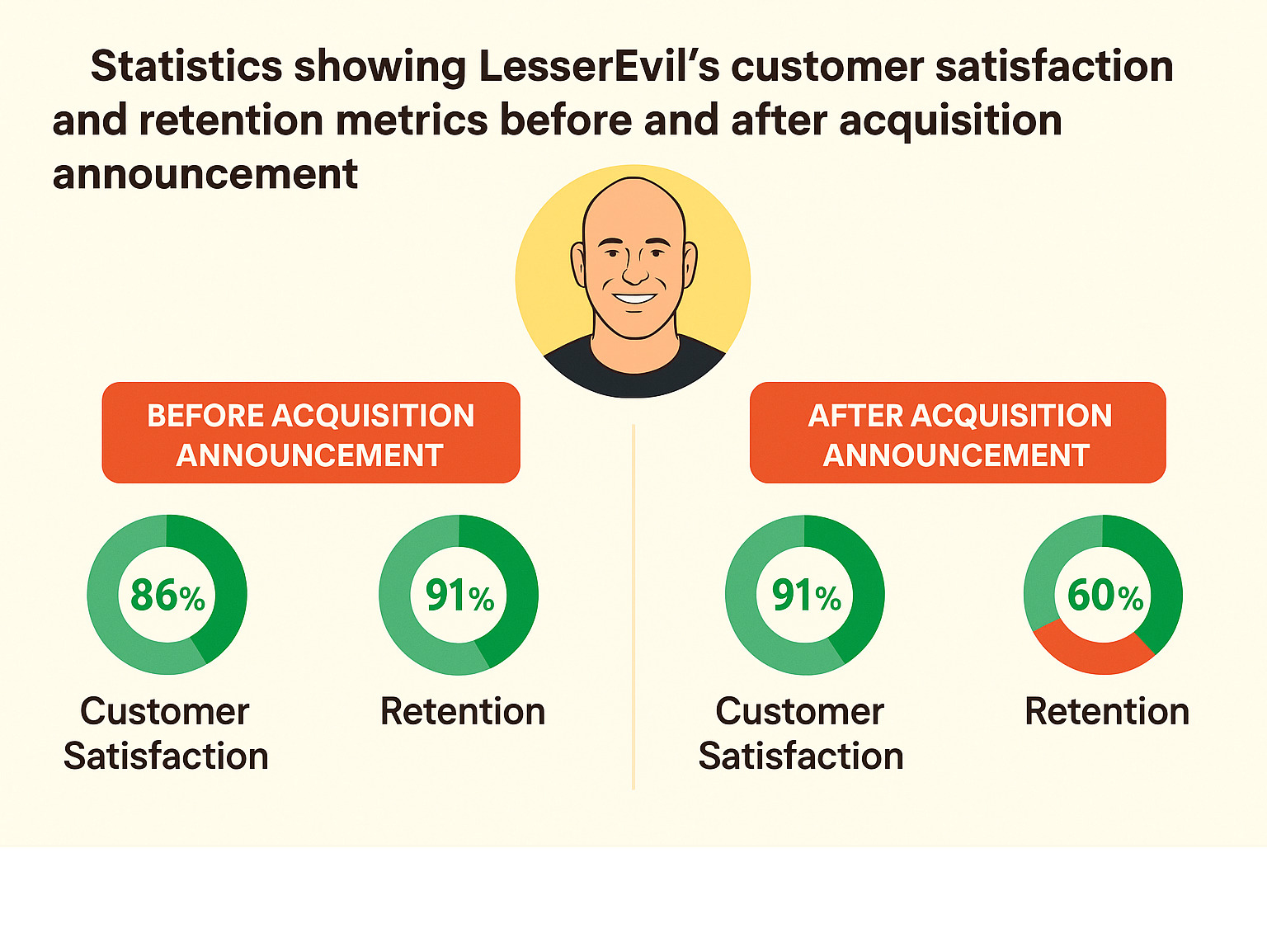 Statistics showing LesserEvil's customer satisfaction and retention metrics before and after acquisition announcement - lesserevil ceo charles coristine infographic Statistics showing LesserEvil's customer satisfaction and retention metrics before and after acquisition announcement - lesserevil ceo charles coristine infographic