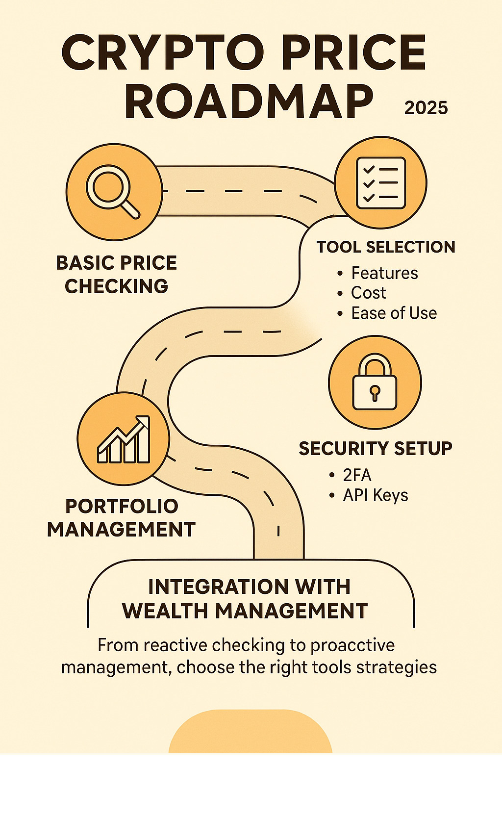 Comprehensive roadmap infographic showing the journey from basic crypto price checking to advanced portfolio management, including tool selection criteria, security setup steps, and integration with broader wealth management strategies - crypto price infographic Comprehensive roadmap infographic showing the journey from basic crypto price checking to advanced portfolio management, including tool selection criteria, security setup steps, and integration with broader wealth management strategies - crypto price infographic