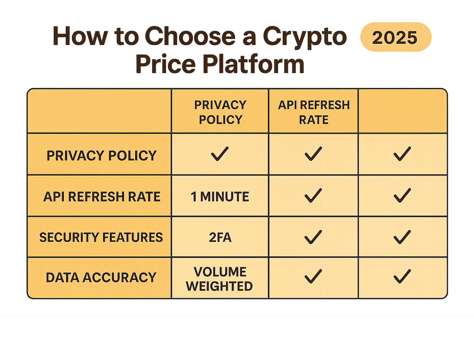 Detailed comparison infographic showing privacy policies, API refresh rates, security features, and data accuracy measures across different crypto price tracking platforms - crypto price infographic Detailed comparison infographic showing privacy policies, API refresh rates, security features, and data accuracy measures across different crypto price tracking platforms - crypto price infographic