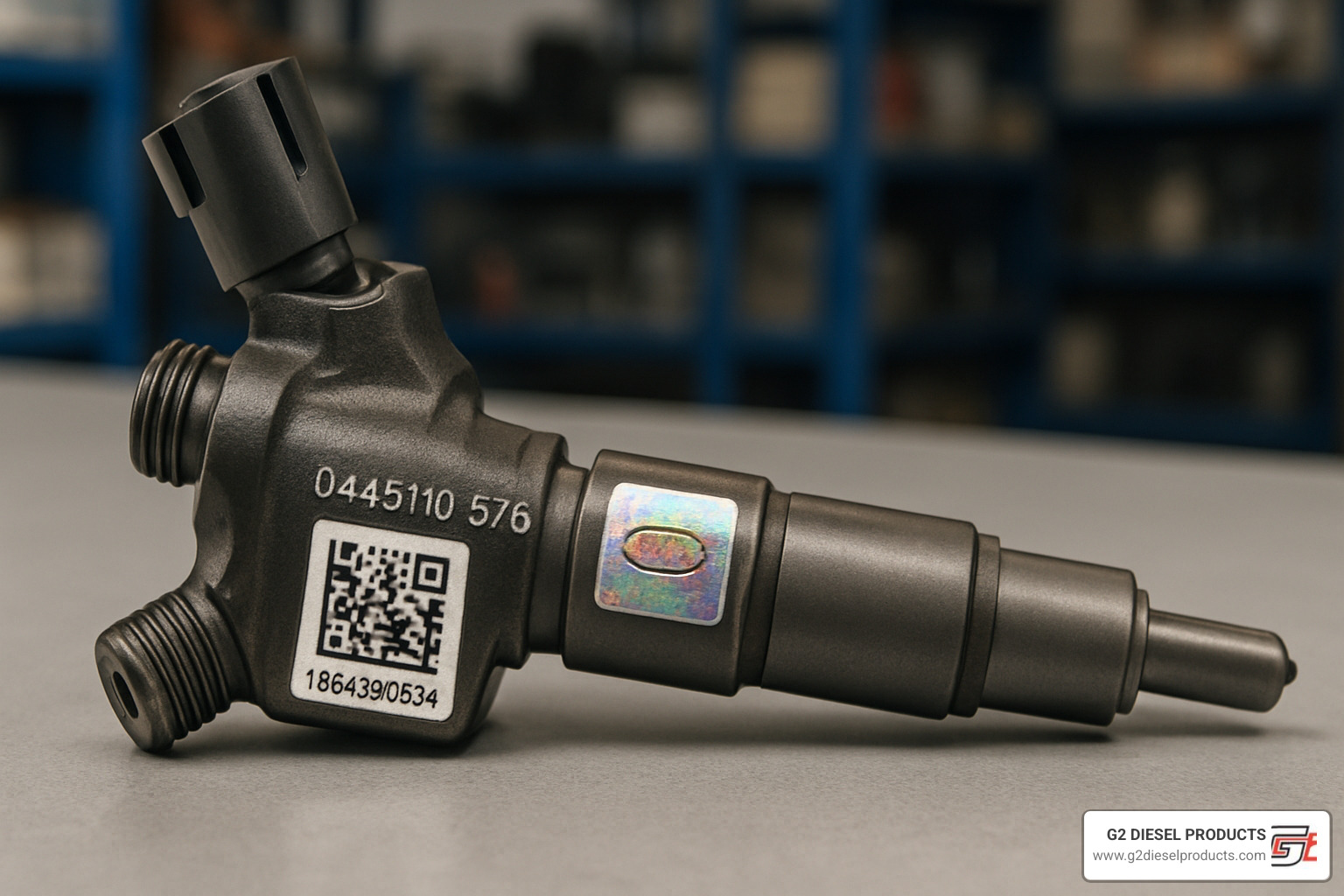 Close-up of genuine diesel part with QR code, holographic security features, and official part number stamping showing authentication methods - Diesel parts Harrisburg PA
