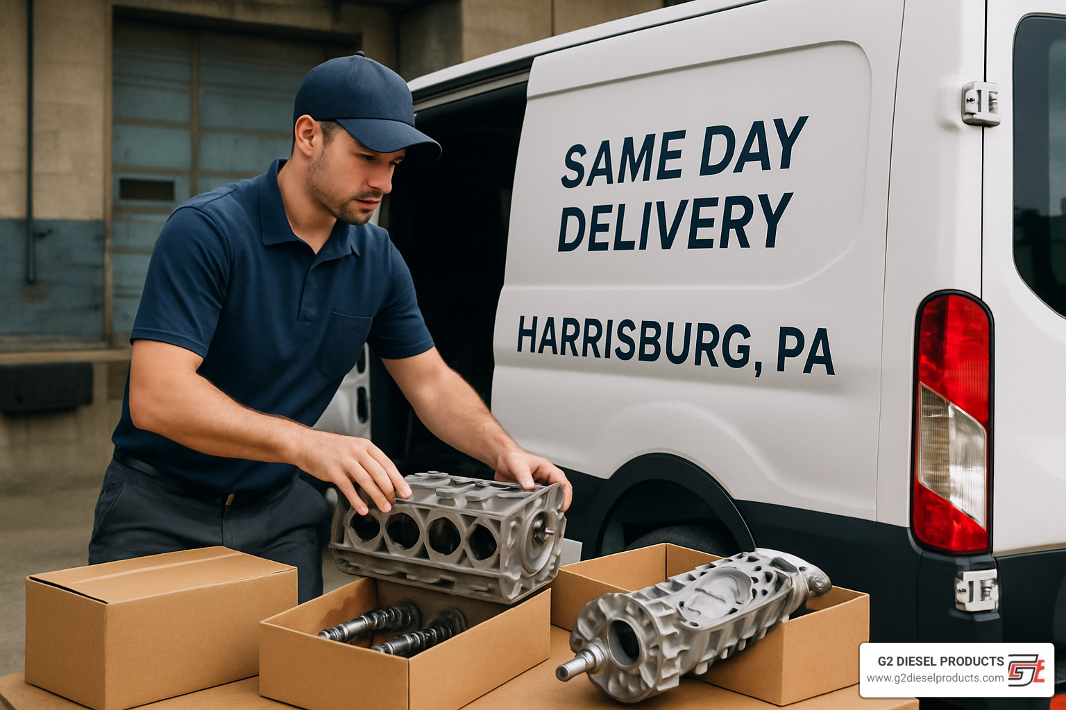 Delivery driver loading diesel fuel injectors and engine components into van for same-day delivery to Harrisburg fleet customer - Diesel parts Harrisburg PA