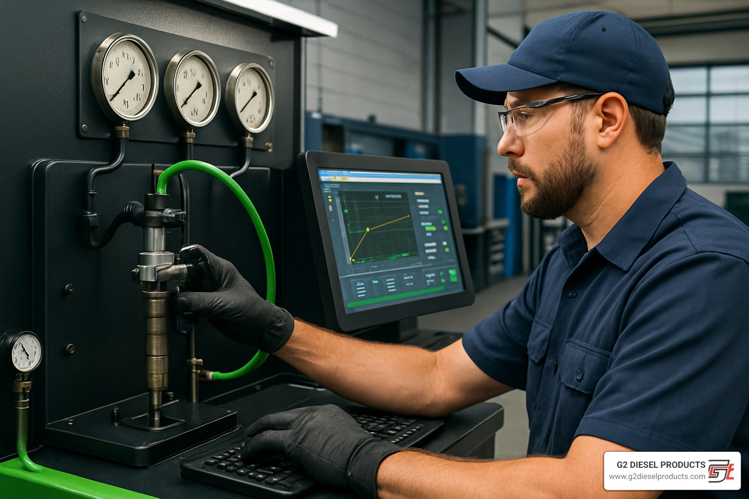 Technician using computerized test bench to diagnose diesel fuel injector performance with pressure gauges and flow measurement equipment - Diesel parts Harrisburg PA