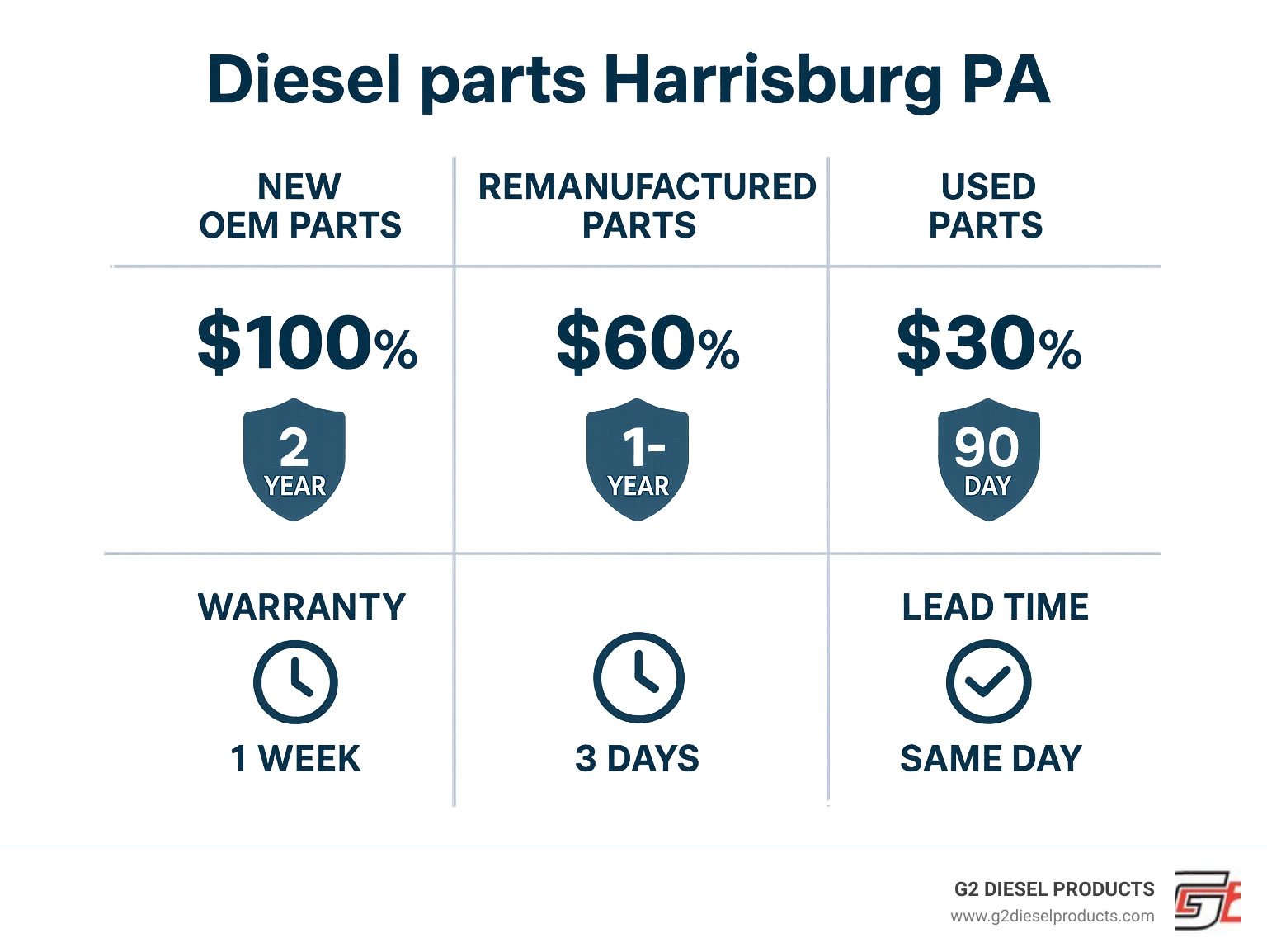 Comparison chart showing new OEM parts at 100% cost with 2-year warranty and 1-week lead time, remanufactured parts at 60% cost with 1-year warranty and 3-day lead time, and used parts at 30% cost with 90-day warranty and same-day availability - Diesel parts Harrisburg PA infographic 