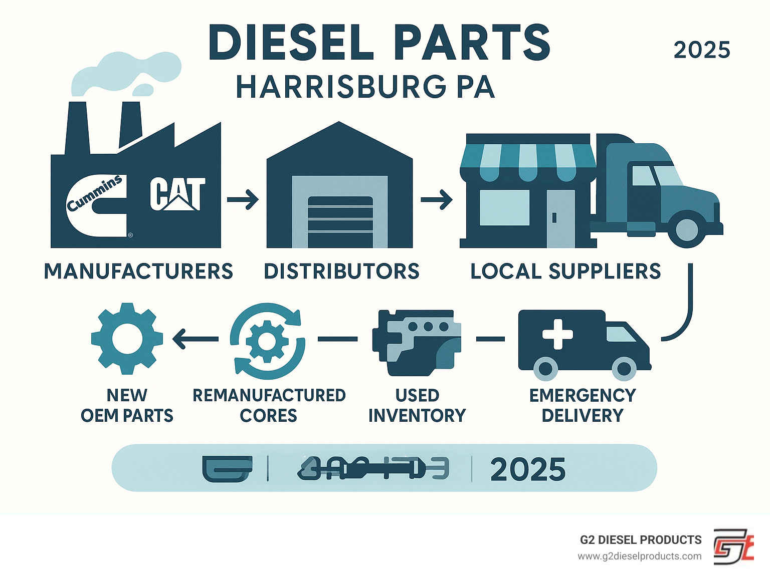 Comprehensive guide showing diesel parts supply chain from manufacturers like Cummins and Cat through distributors and local suppliers to fleet operators, with icons representing new OEM parts, remanufactured cores, used inventory, and emergency delivery options in Harrisburg PA - Diesel parts Harrisburg PA infographic 