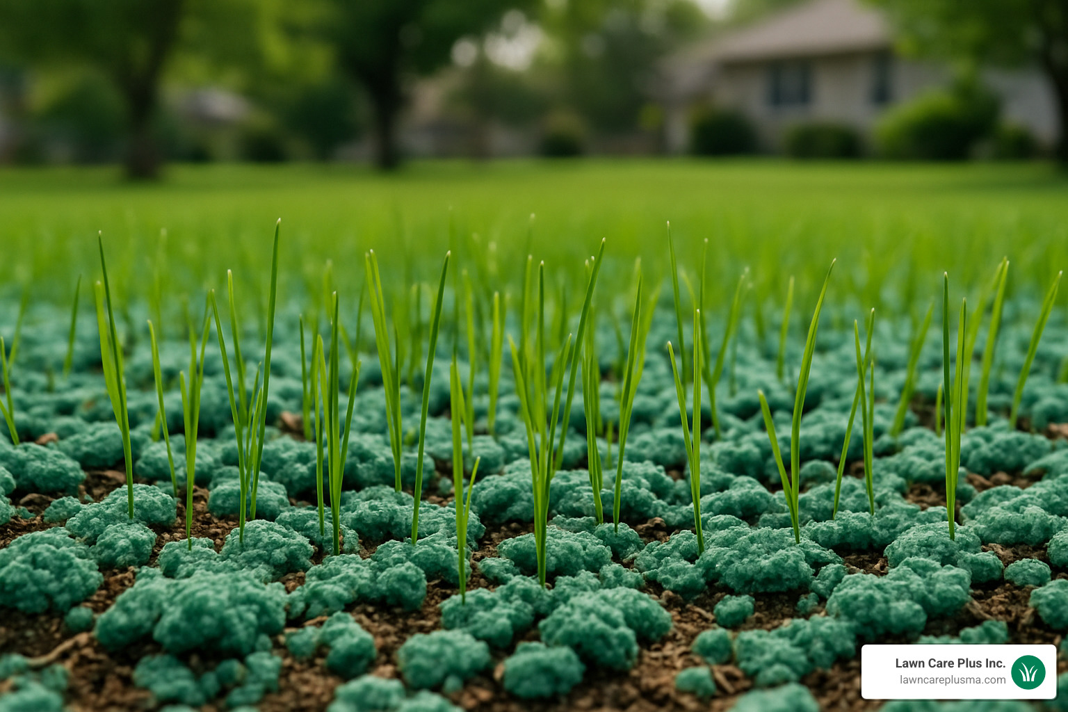 Two-week-old hydroseeded grass showing healthy green sprouts emerging through mulch - local hydroseeding companies