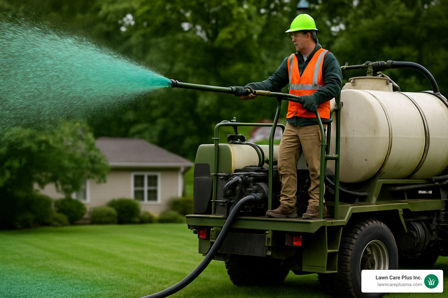 Professional hydroseeding equipment in action, showing boom gun application and jet agitated tank system - local hydroseeding companies