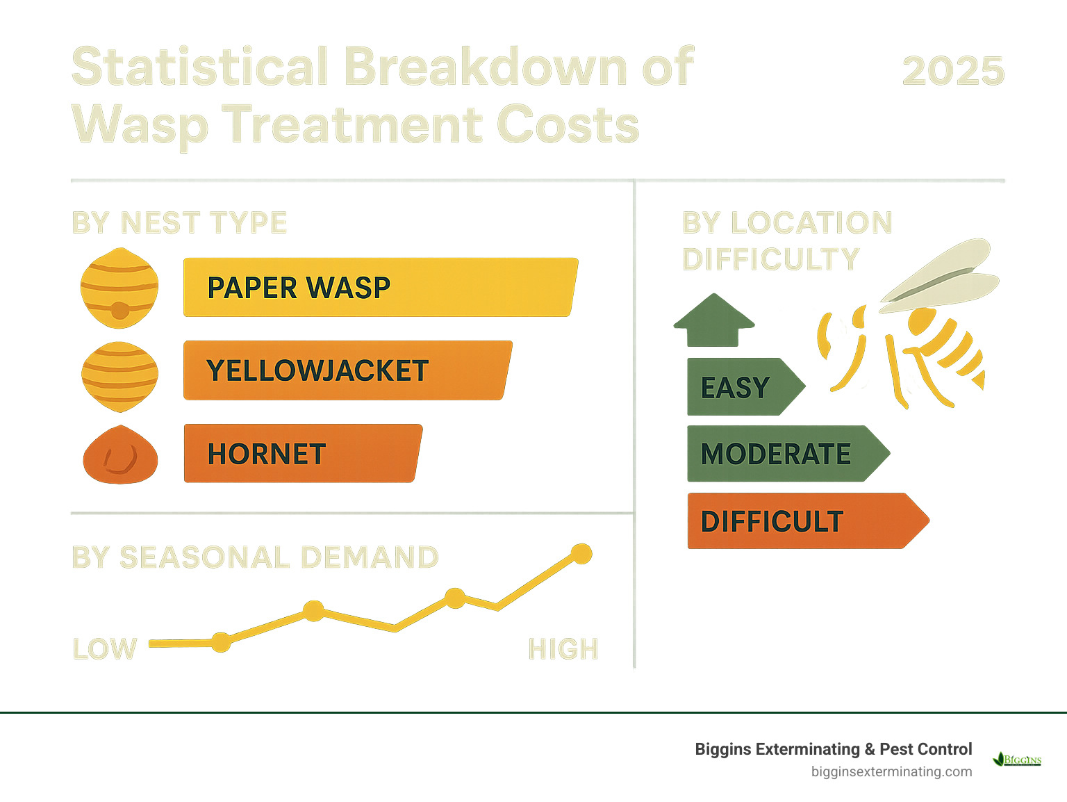 Statistical breakdown of wasp treatment costs by nest type, location difficulty, and seasonal demand factors - wasp treatment near me infographic