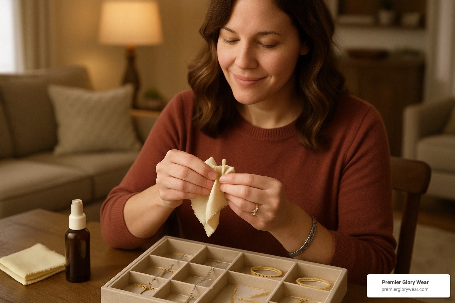 christian mom caring for her jewelry collection with proper cleaning supplies and storage solutions - christian mom jewelry