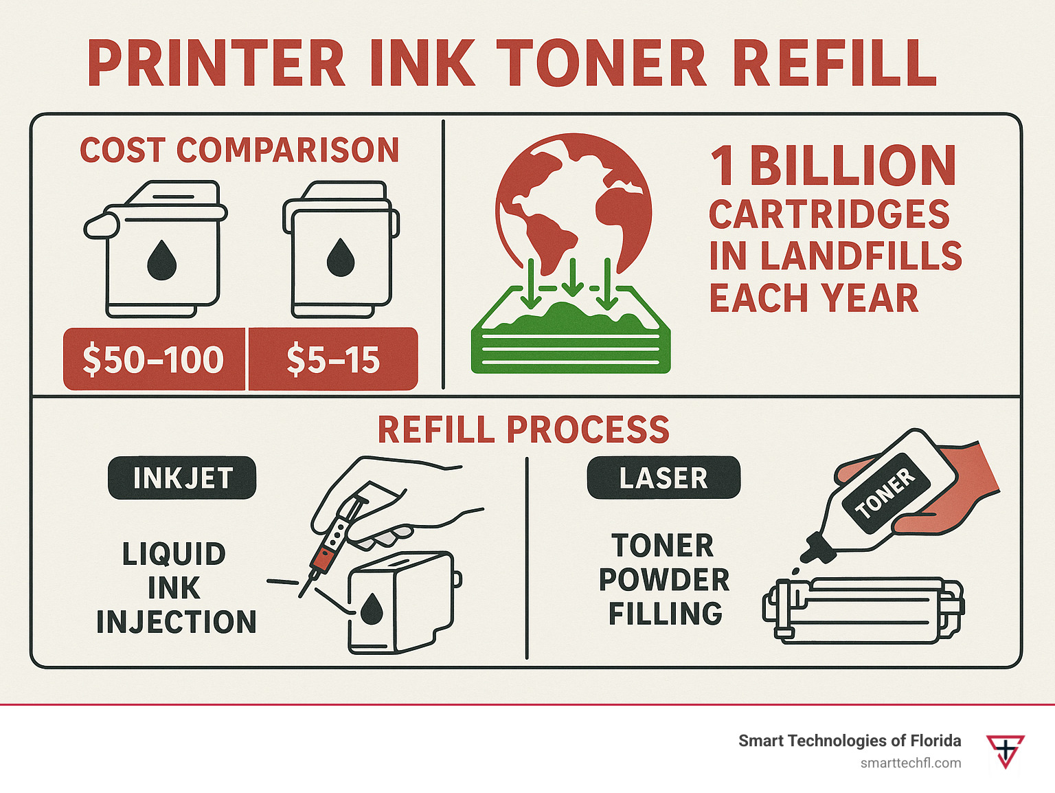 Infographic showing printer ink toner refill process with cost comparison between OEM cartridges at $50-100 versus refill costs at $5-15, environmental impact of 1 billion cartridges in landfills annually, and step-by-step refill process for both inkjet liquid ink injection and laser toner powder filling - printer ink toner refill infographic 