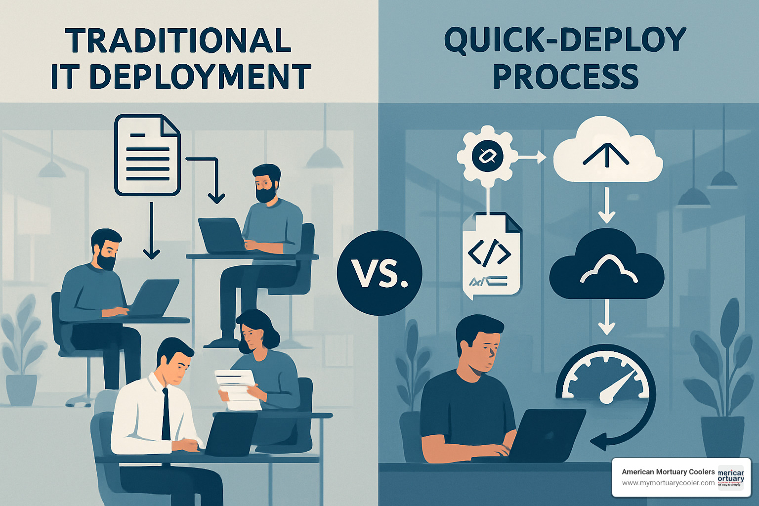 Side-by-side comparison showing traditional deployment's multiple manual steps versus quick-deploy's automated workflow - quick-deploy-