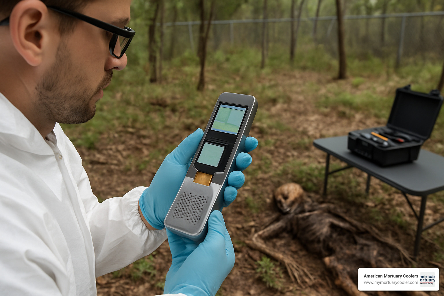 handheld DNA sequencer being used at outdoor decomposition site - what are some environmental challenges for body farms