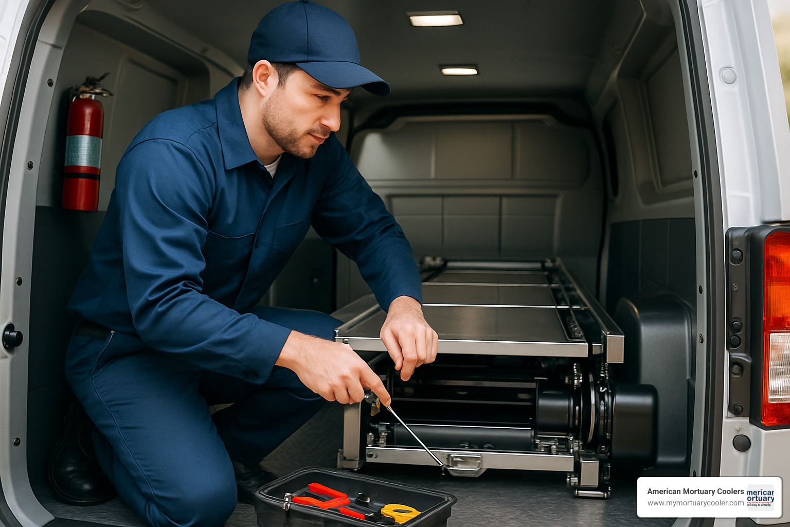 technician servicing mortuary van deck system - mortuary transport van for sale