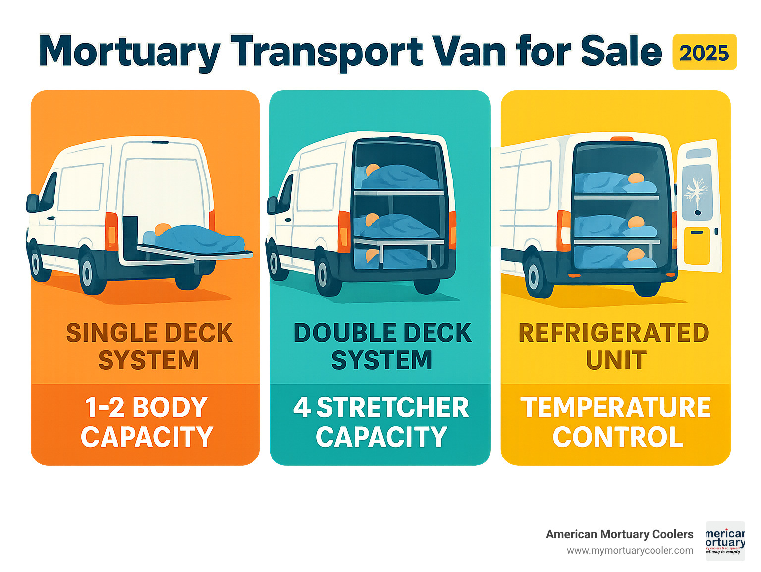 Detailed comparison infographic showing single deck system with 1-2 body capacity, double deck system with 4 stretcher capacity, and refrigerated unit with temperature control features and 4 body capacity - mortuary transport van for sale infographic 