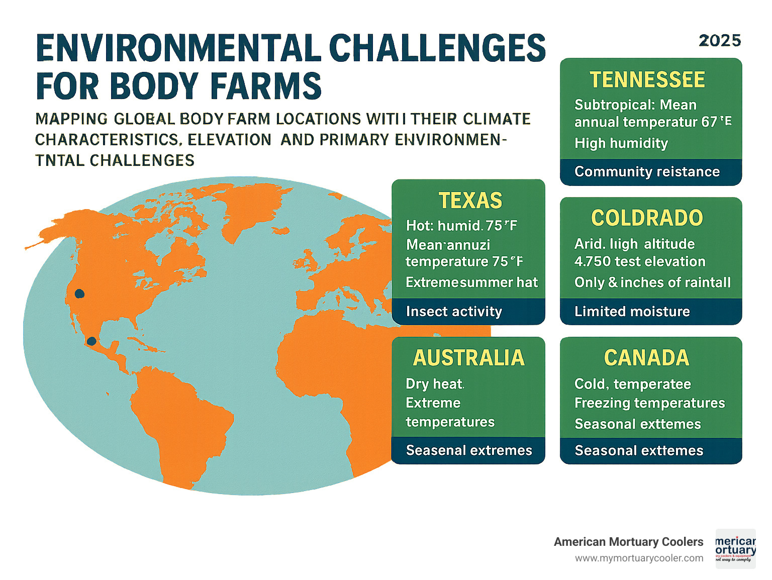 infographic mapping global body farm locations with their climate characteristics, elevation, and primary environmental challenges - what are some environmental challenges for body farms infographic 