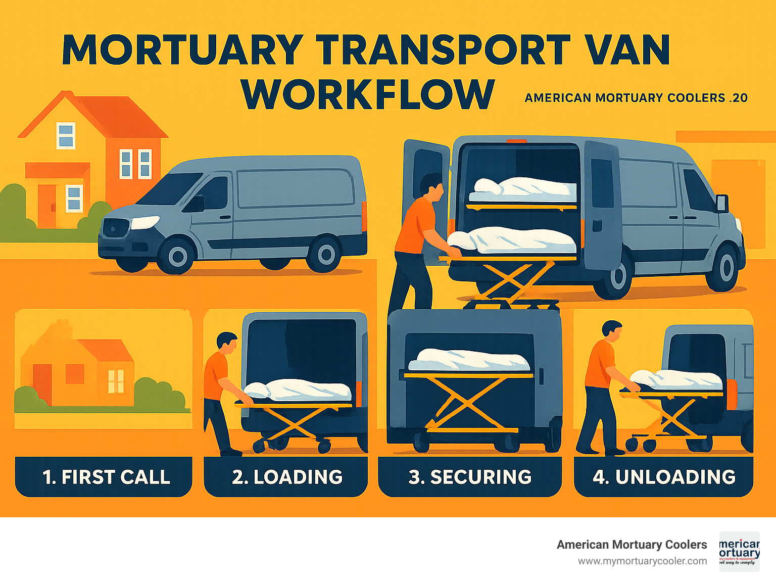 Comprehensive infographic showing mortuary transport van workflow from first call vehicle arriving at scene, loading deceased onto stretcher system, securing in double-deck configuration, transport to funeral facility, and unloading with rise-and-fall deck mechanism - mortuary transport van for sale infographic 