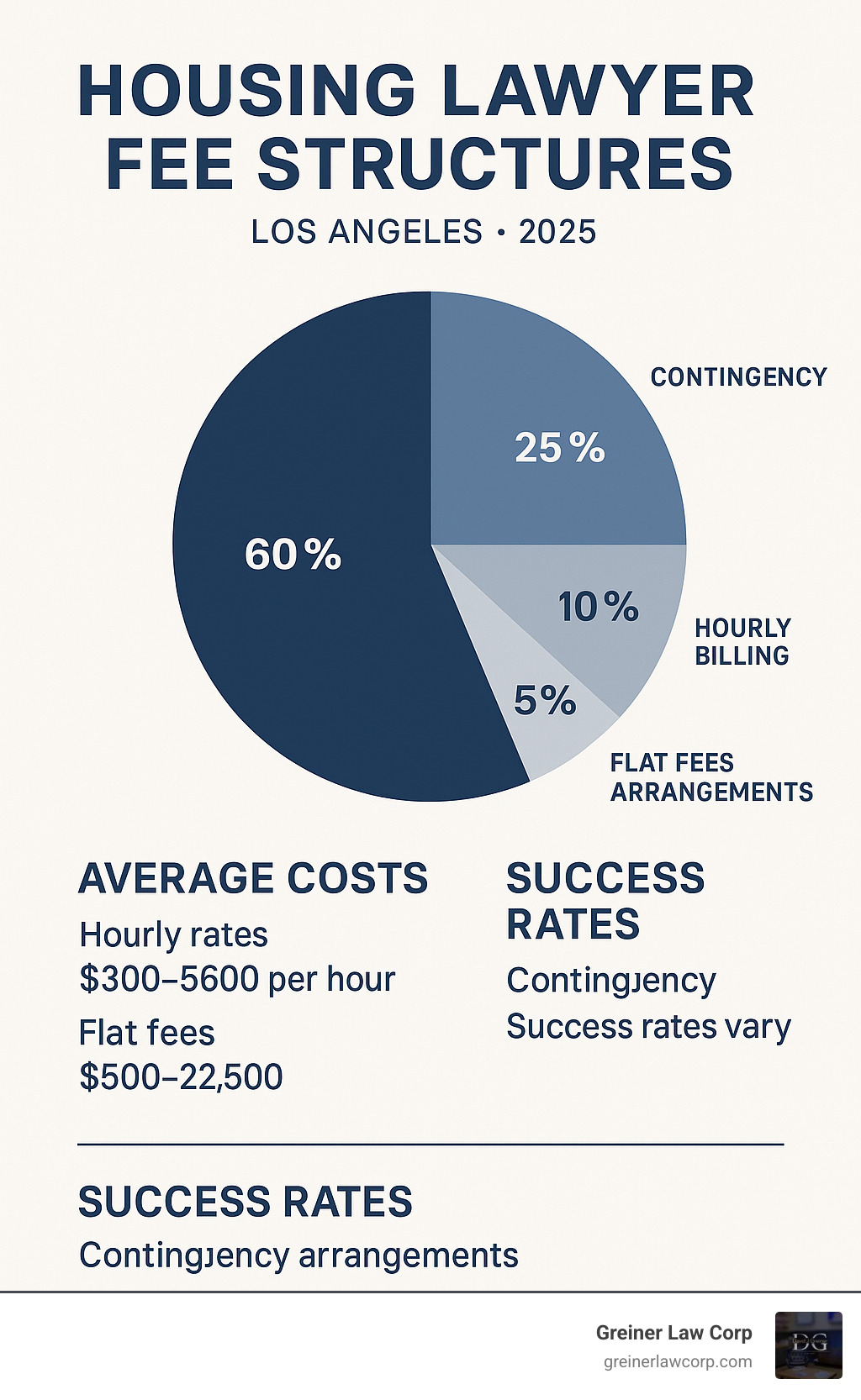 Statistical breakdown of housing lawyer fee structures showing 60% contingency cases, 25% hourly billing, 10% flat fees, and 5% hybrid arrangements with average costs and success rates - housing lawyer los angeles infographic 