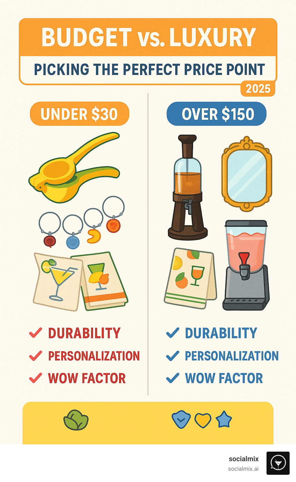 Infographic comparing budget-friendly gifts under $30 (citrus juicer, wine charms, cocktail towels) versus luxury options over $150 (whiskey towers, custom mirrors, frozen drink machines), showing value factors like durability, personalization, and wow factor - home bar gift ideas infographic 