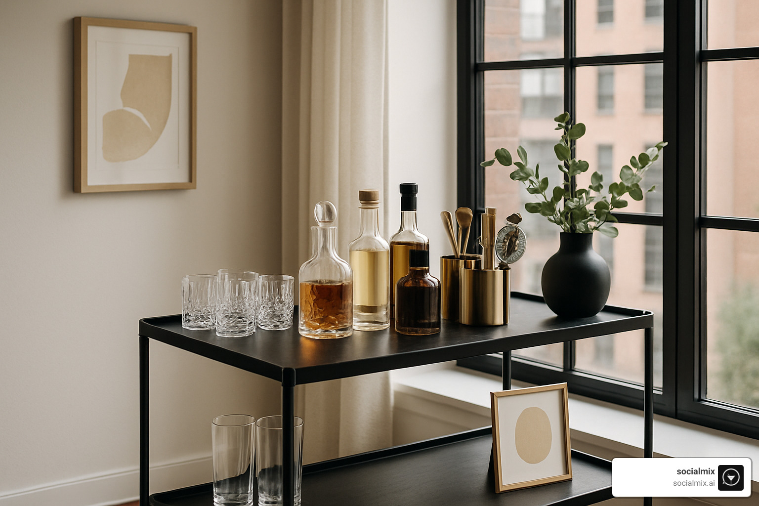 sleek bar cart setup - home bar gift ideas