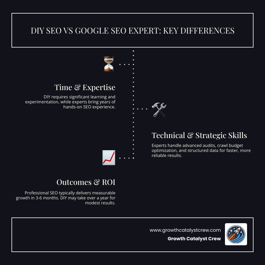 Comparison table showing DIY SEO versus Expert SEO outcomes including time investment, technical knowledge requirements, tool costs, and typical results - google seo experts infographic infographic-line-3-steps-dark