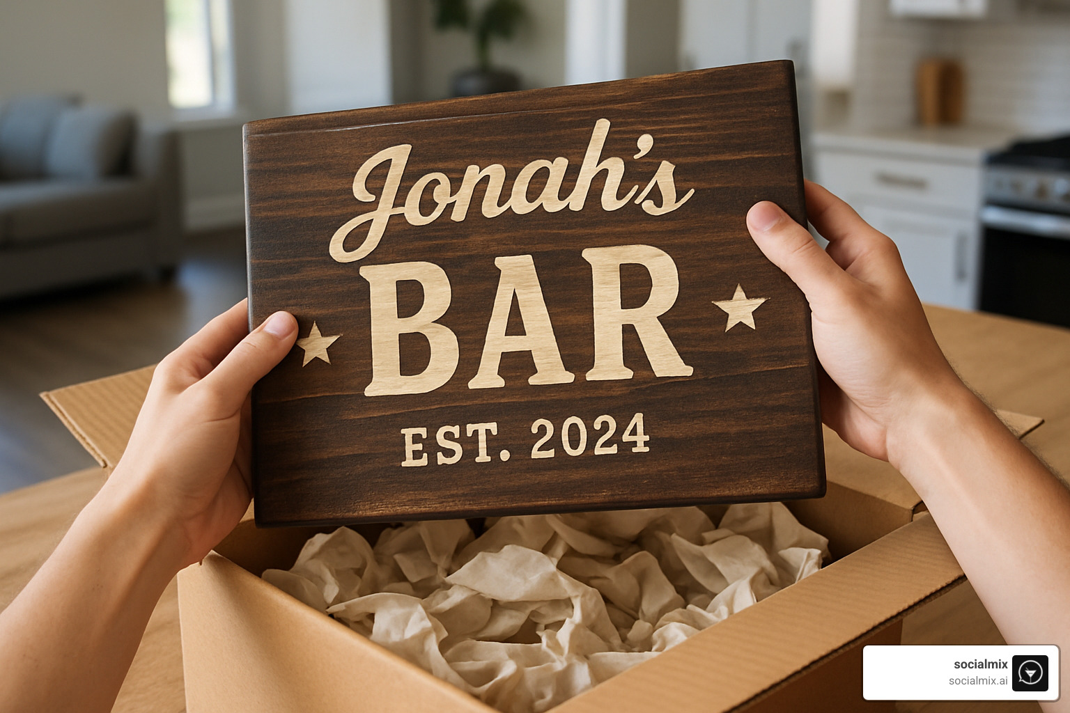 custom bar sign being unboxed - home bar gift ideas