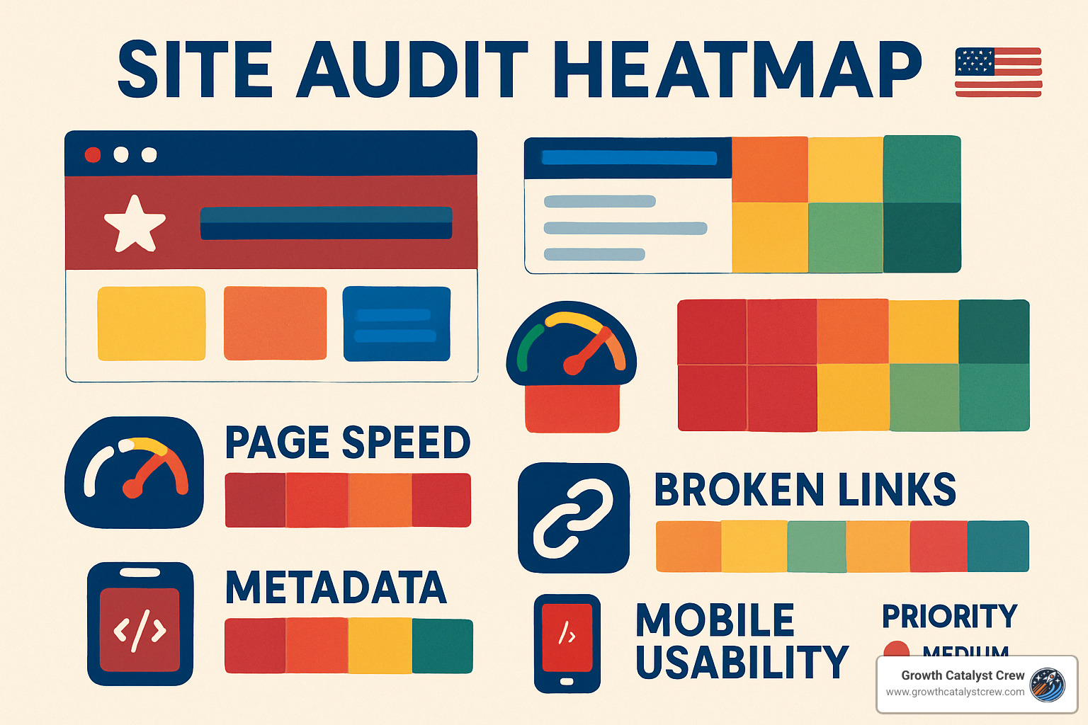 Site audit heatmap showing technical SEO issues including page speed problems, missing metadata, broken links, and mobile usability errors with priority levels for fixes - google seo experts