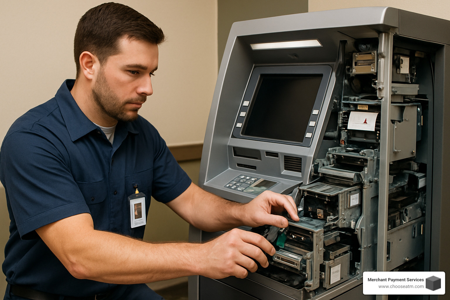 Technician performing maintenance on ATM internal components - ATM error code 088