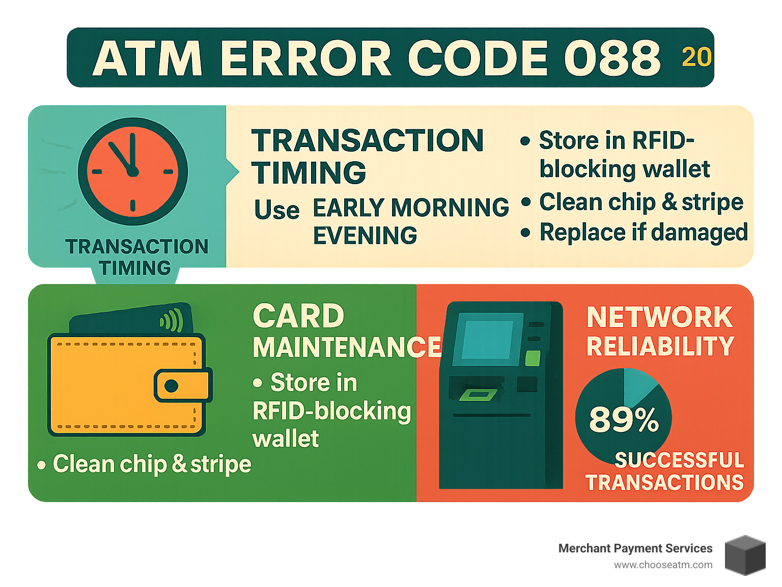 Infographic summarizing peak ATM usage times and card maintenance tips to avoid error code 088