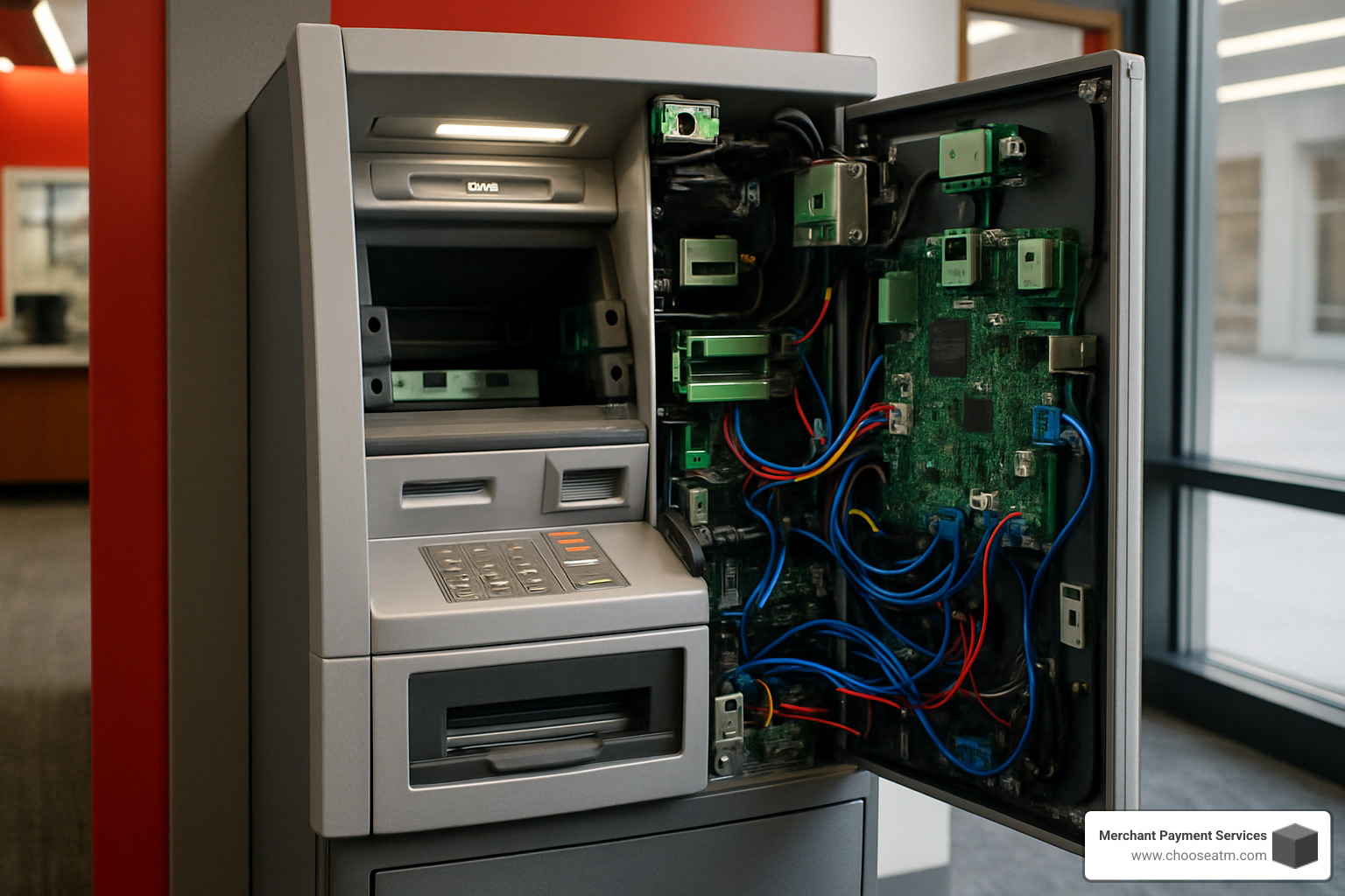 ATM internal components showing motherboard, sensors, and network connections - ATM error code 088