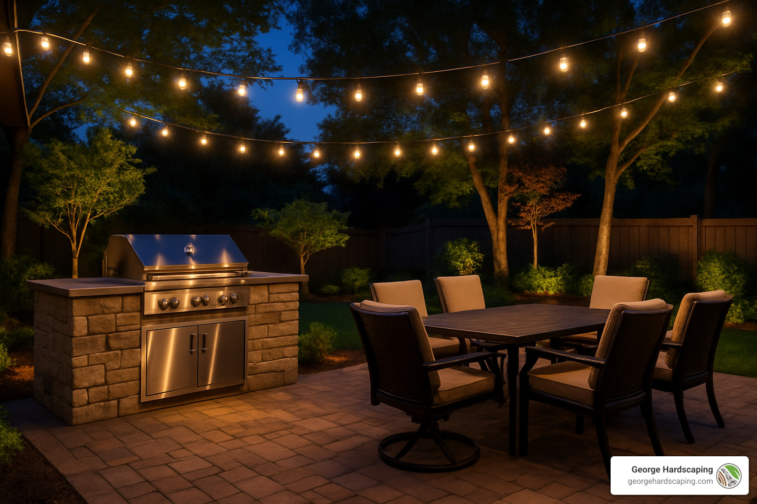 completed outdoor kitchen with seating under string lights - Outdoor kitchen seating area