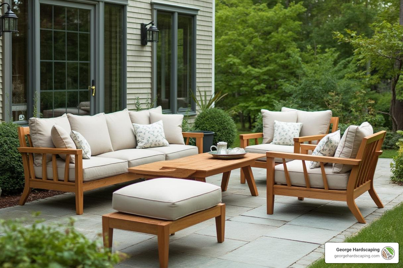 teak outdoor furniture with weather-resistant cushions - Outdoor kitchen seating area