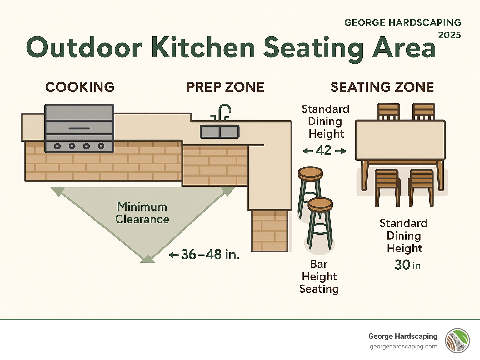 Infographic showing optimal outdoor kitchen seating layout with cooking zone, prep zone, and seating zone in triangle formation, including measurements for bar height seating (42 inches), standard dining height (30 inches), and minimum clearances between zones (36-48 inches) - Outdoor kitchen seating area infographic 