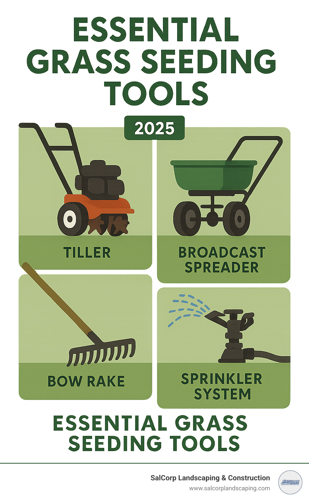 Essential grass seeding tools laid out including tiller, broadcast spreader, bow rake, and sprinkler system - grass seed installation infographic