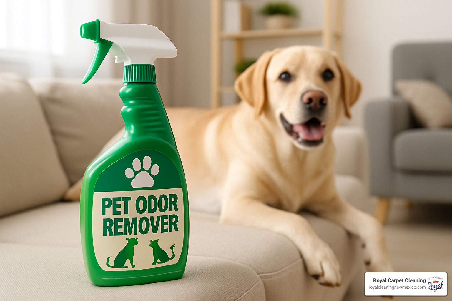 assorted pet odor remover types including sprays, powders, gels, and tablets arranged on a clean surface - pet odor remover