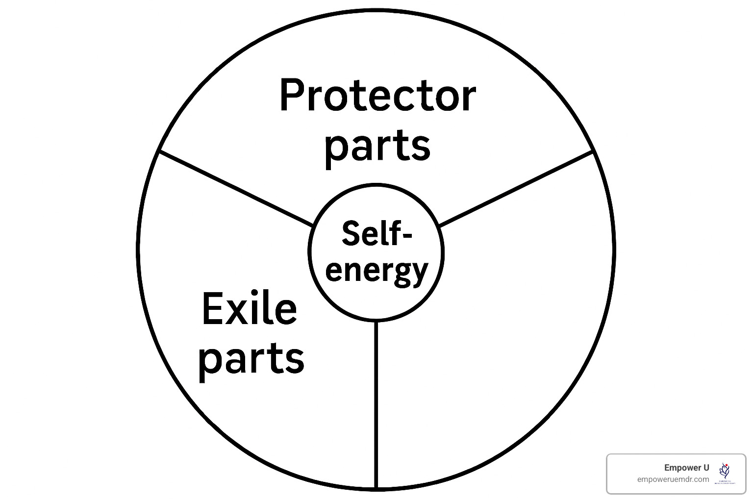 Diagram showing different internal parts arranged in a wheel, with labels for protector parts, exile parts, and self-energy at the center - EMDR for complex trauma