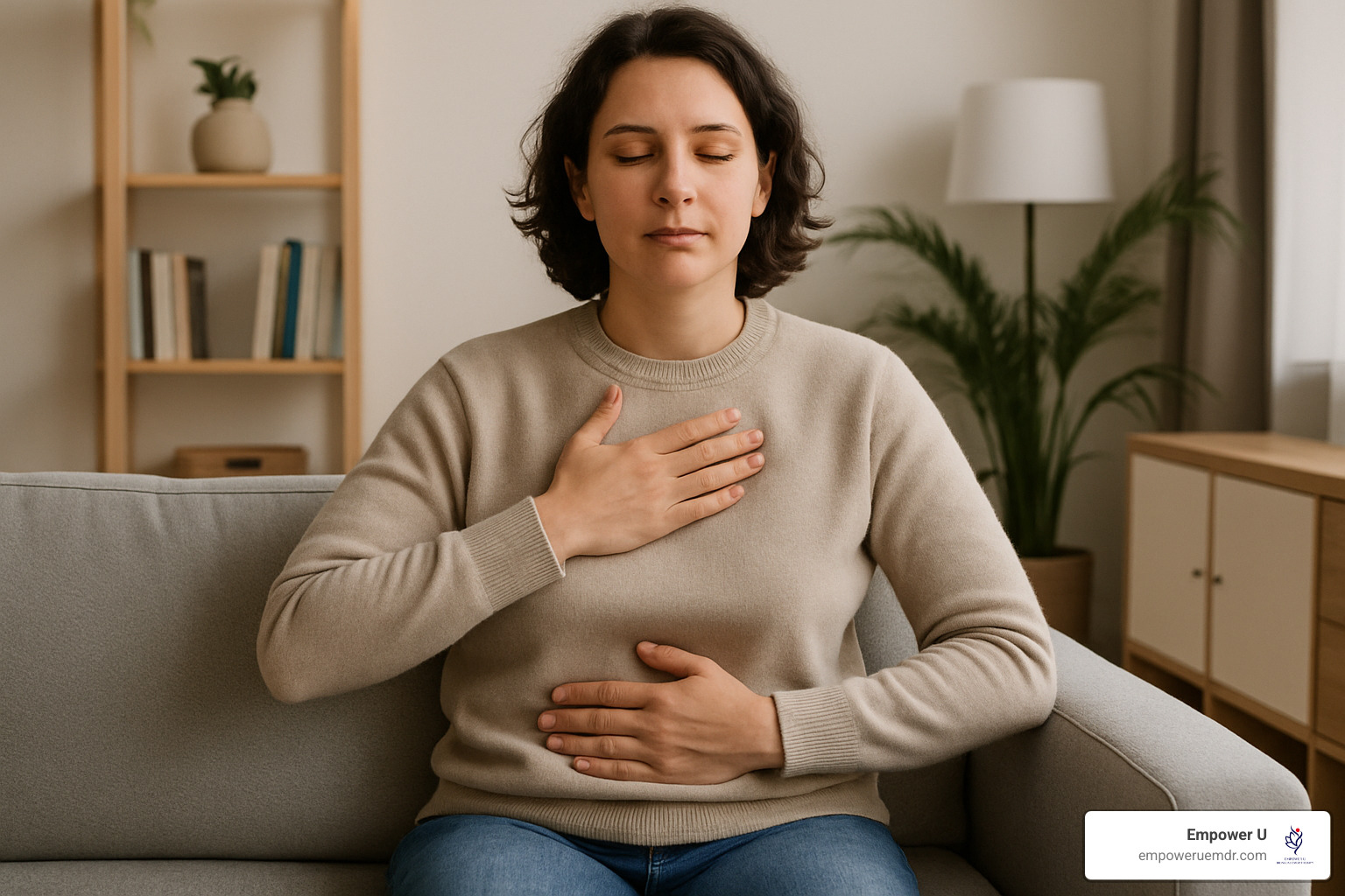 Person practicing grounding techniques with hands on chest and abdomen, demonstrating deep breathing exercises - EMDR for complex trauma