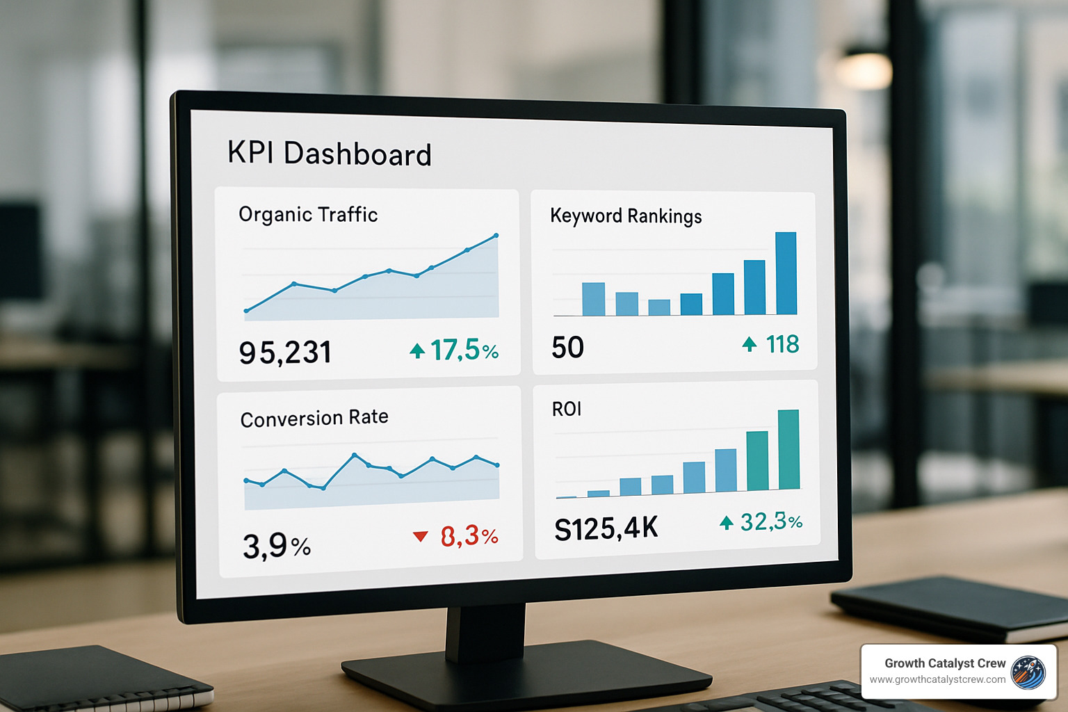 KPI dashboard showing organic traffic growth, keyword ranking improvements, conversion rate changes, and ROI metrics with month-over-month comparisons - google seo experts