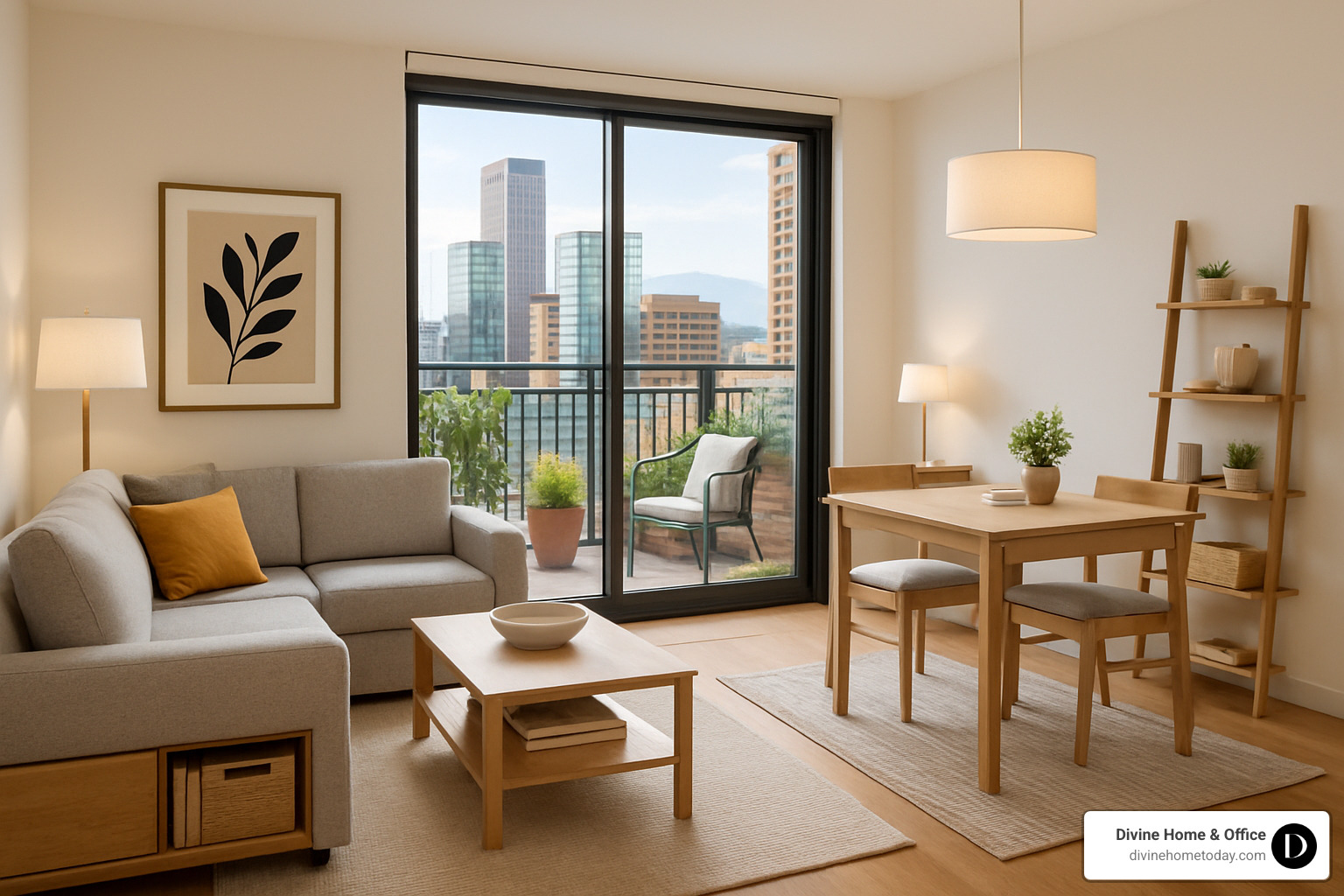 Small urban condo living space with multifunctional furniture and strategic lighting - home staging before and after denver