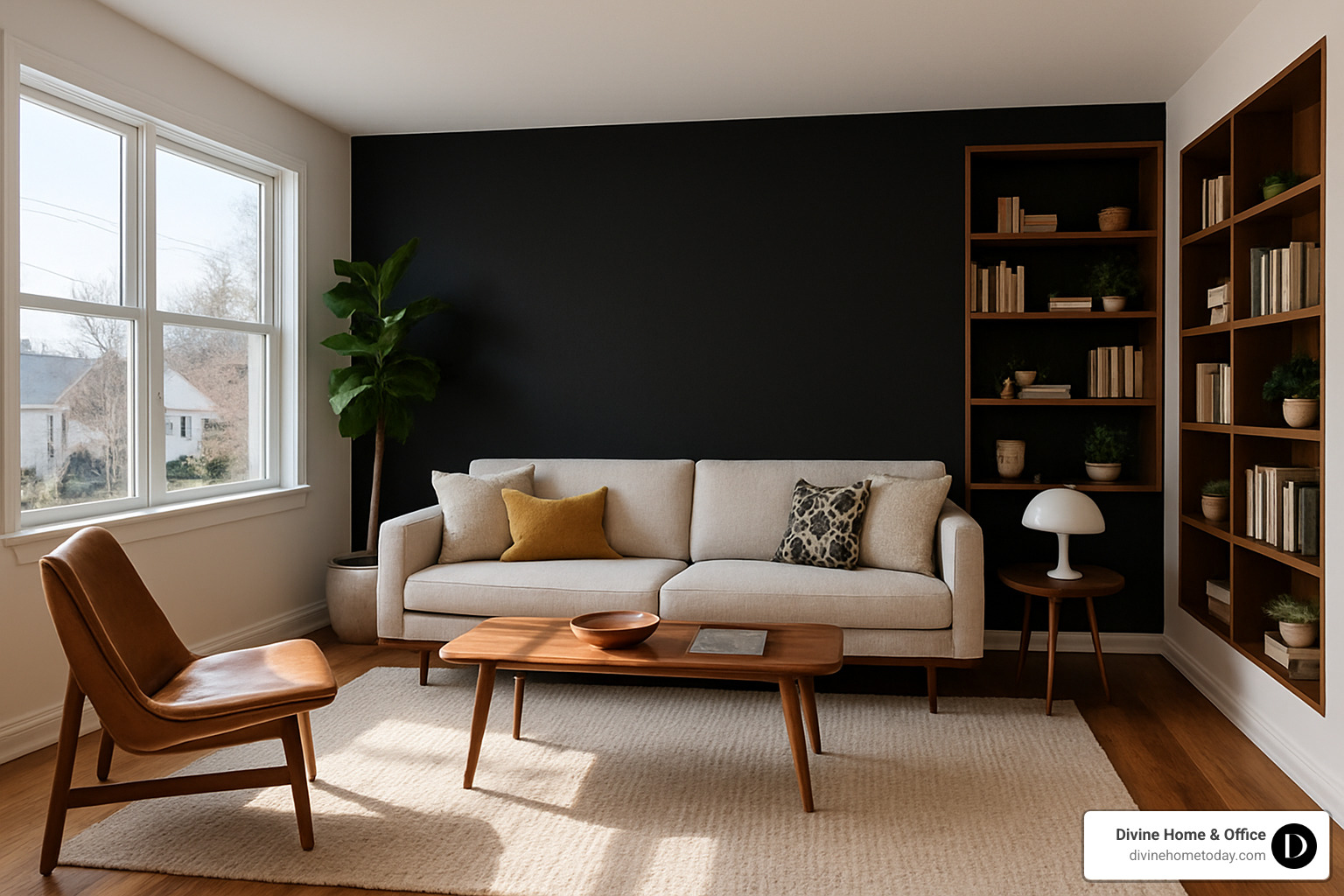 Mid-century modern living room change with black accent wall, minimalist furniture, and natural lighting - home staging before and after denver