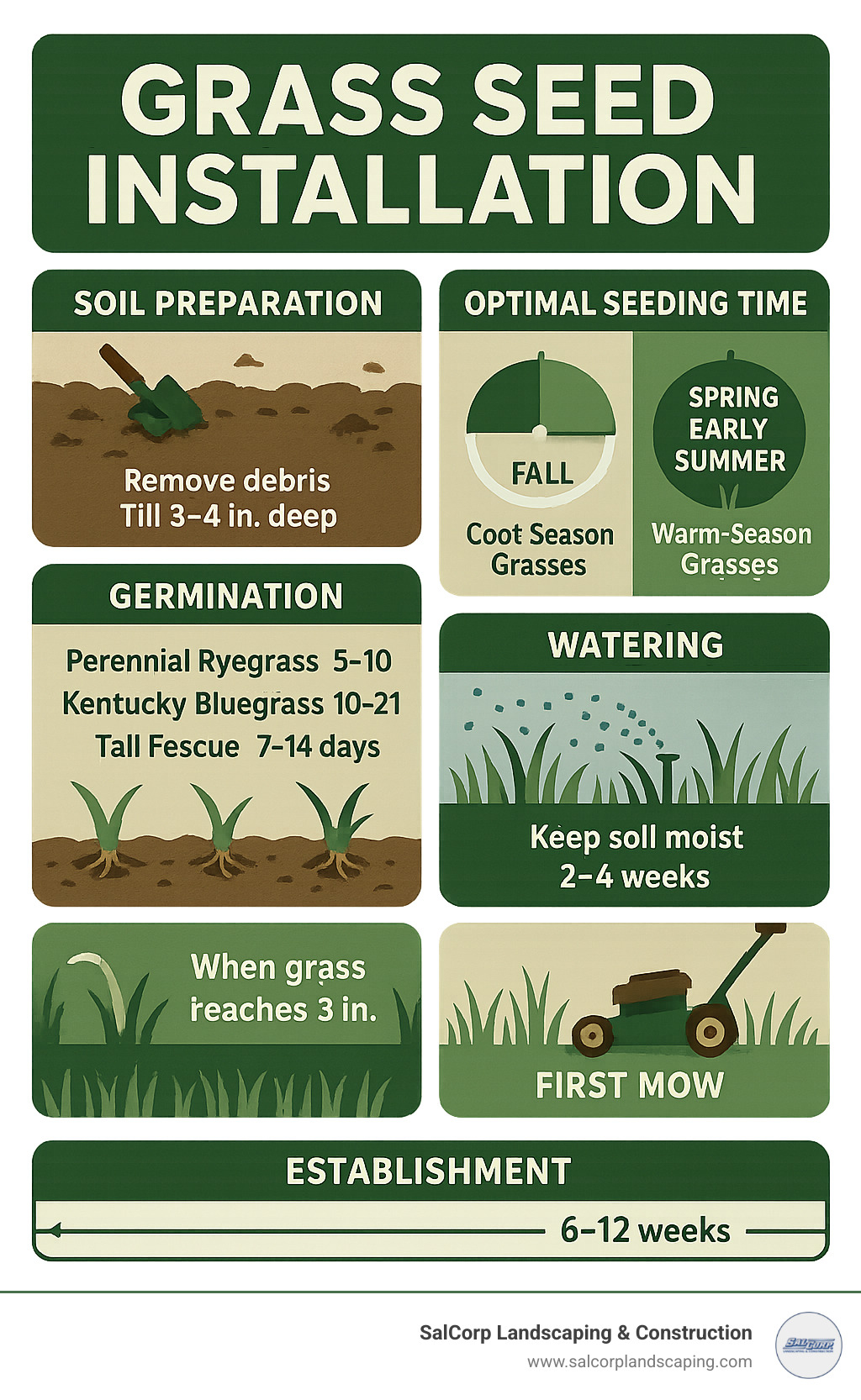 Detailed infographic showing grass seed installation timeline from soil preparation through 12-week establishment, including optimal seeding windows for cool and warm season grasses, germination timeframes by species, watering schedules, and first mow timing - grass seed installation infographic