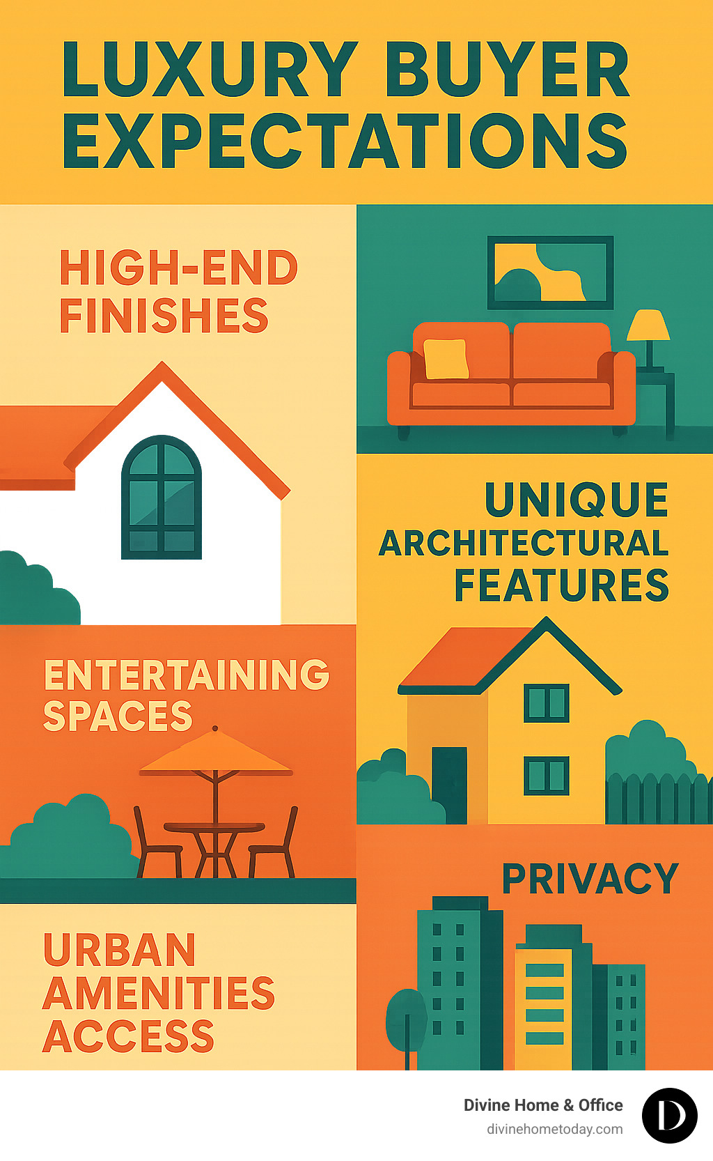 Infographic showing luxury buyer expectations: high-end finishes, unique architectural features, entertaining spaces, privacy, urban amenities access - home staging before and after denver infographic 