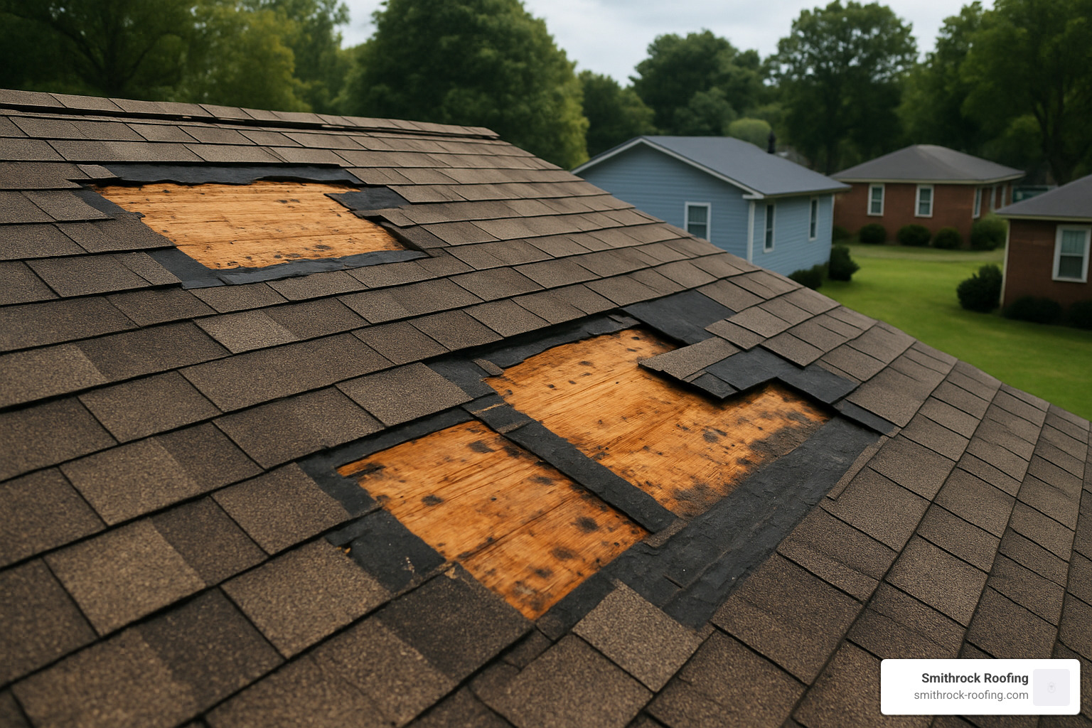 Close-up image of missing shingles on a Winston Salem home showing exposed roof deck - Winston Salem roof repair