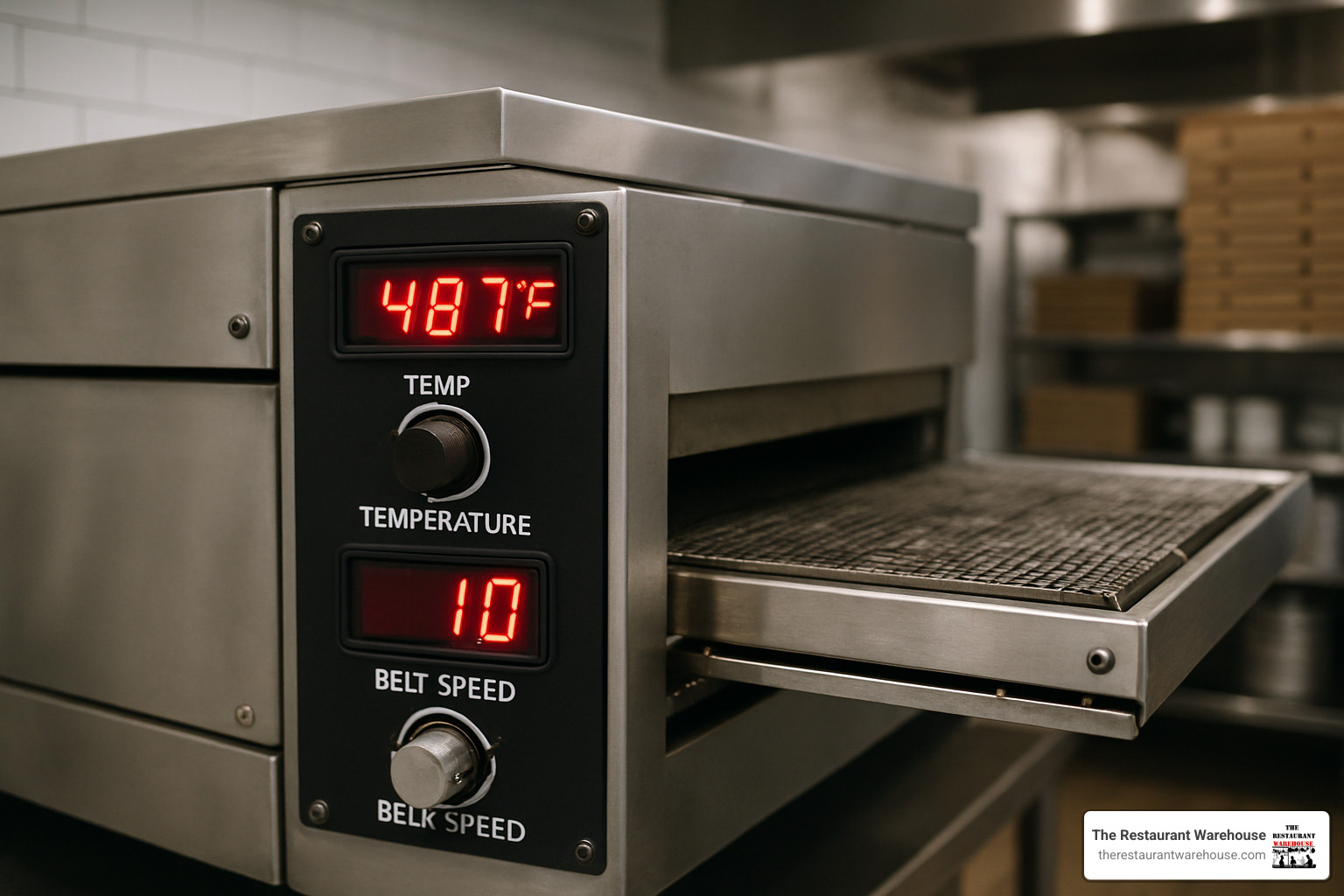 control panel of commercial conveyor pizza oven showing digital temperature displays and belt speed controls - commercial conveyor pizza oven