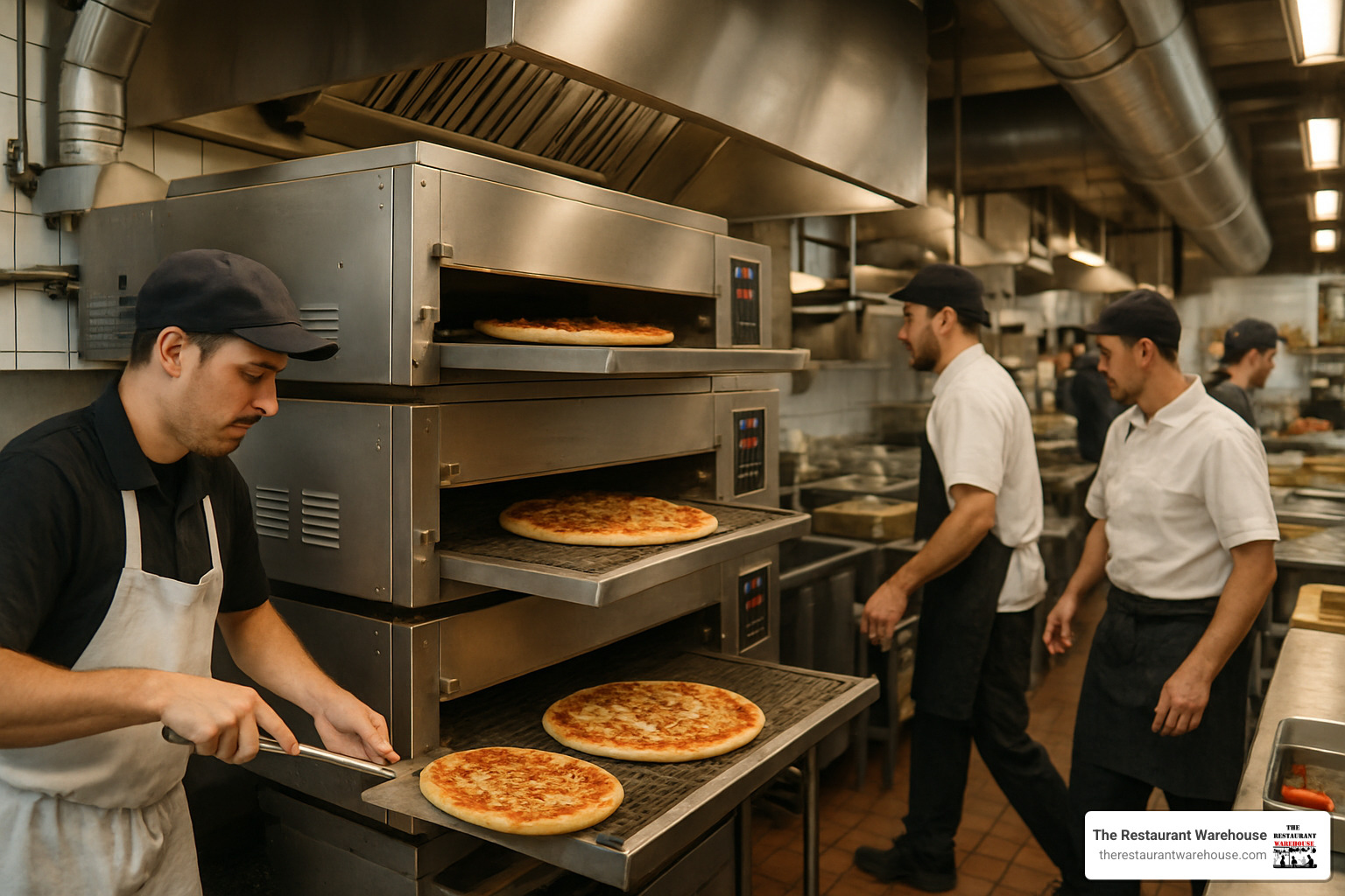 stacked commercial conveyor pizza ovens in busy kitchen - commercial conveyor pizza oven