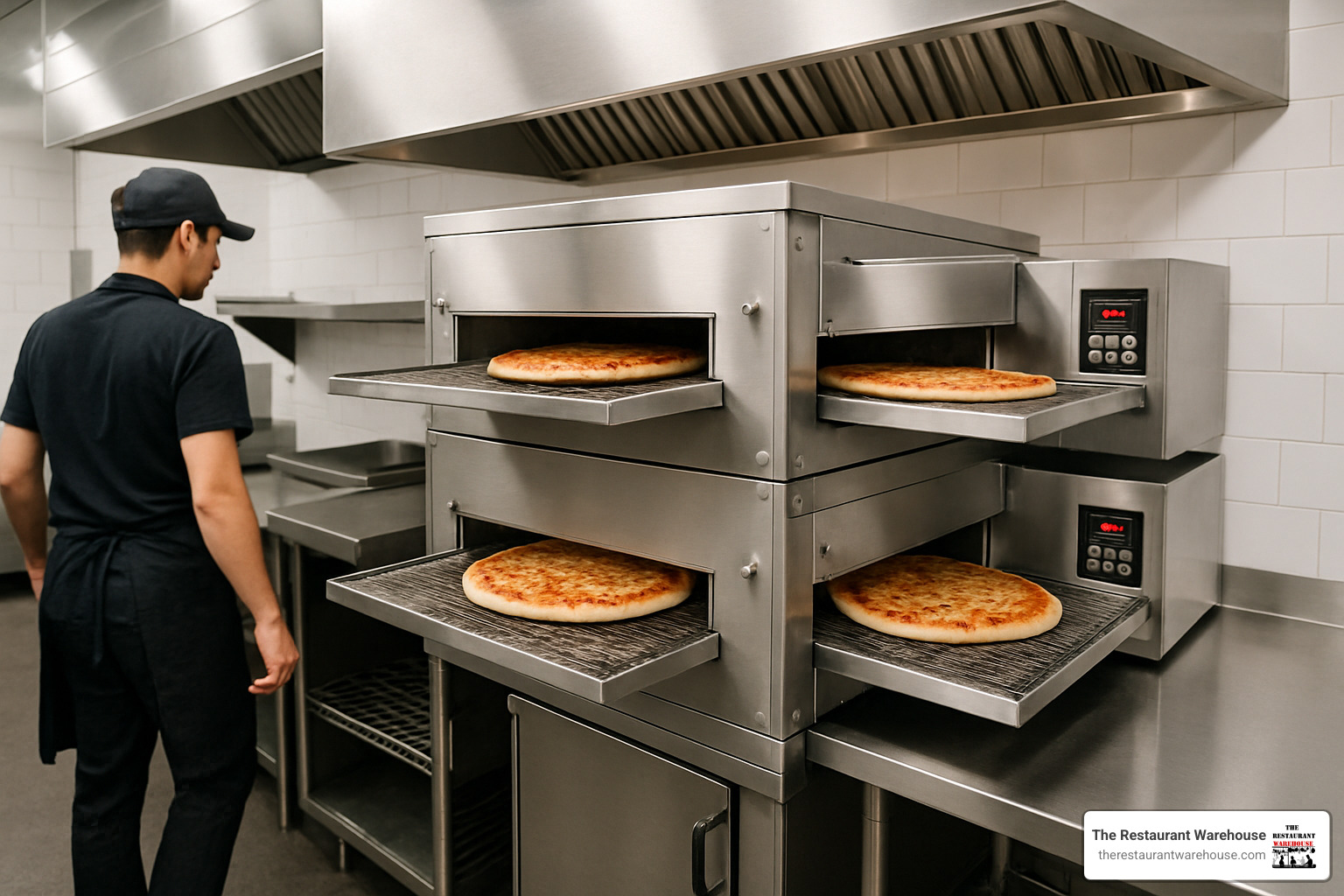 triple-stack commercial conveyor pizza ovens installed in compact kitchen space - commercial conveyor pizza oven